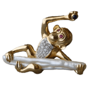 Pearl and Ruby Monkey Brooch