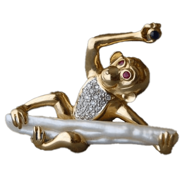 Pearl and Ruby Monkey Brooch